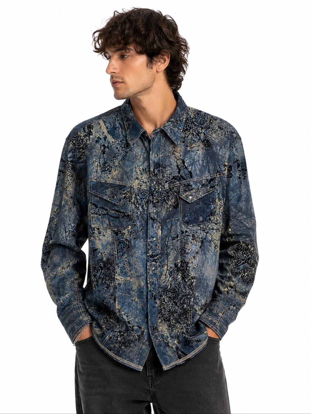 Georg Roth Los Angeles Abstract Print Snap Front Shirt | Blue Black